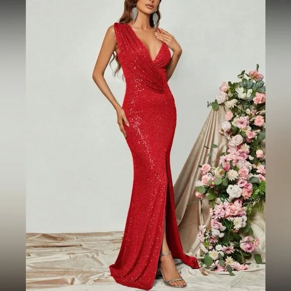 Luxe slit thigh prom wedding party sequins  dress LAST PACK - Picture 6 of 6